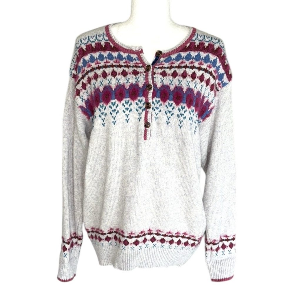Sundance Innis Gray Fair Isle Henley Sweater - S